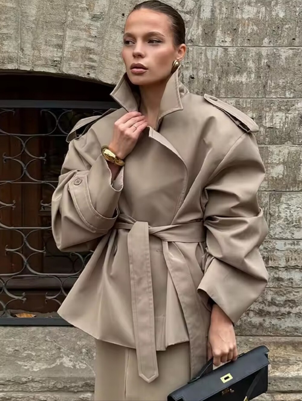 Solid Lapel Lace Up Jacket Elegant Chic Full Sleeve Button Loose Long Coat For
